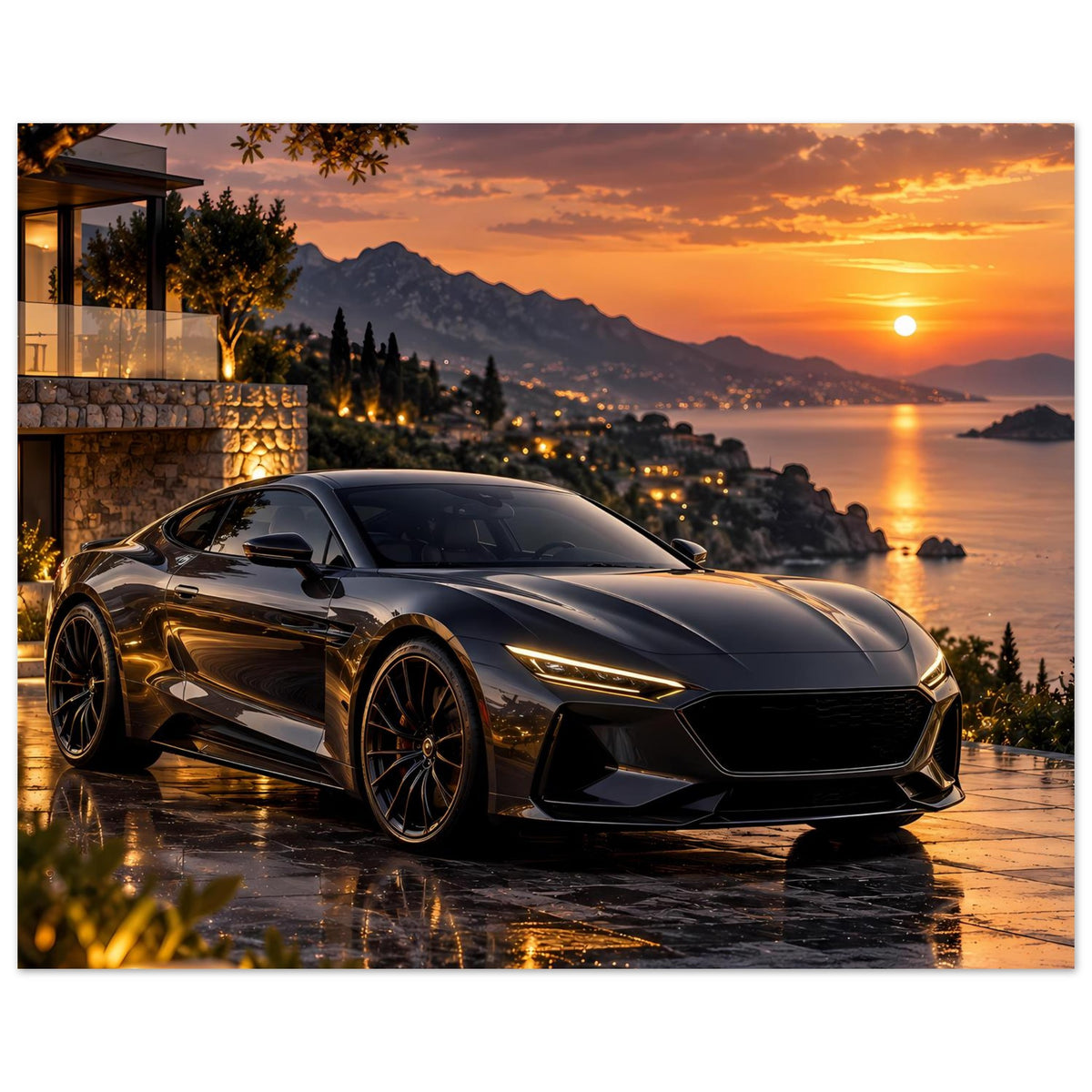 Poster mit Sportwagen bei Sonnenuntergang, Front und Vorderreifen, dunkler Wagen, warme Lichtstimmung
