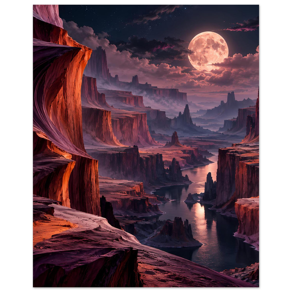 Landschaftsposter im Hochformat mit Canyon, Flusslauf und Mondschein über dunklen Türmen