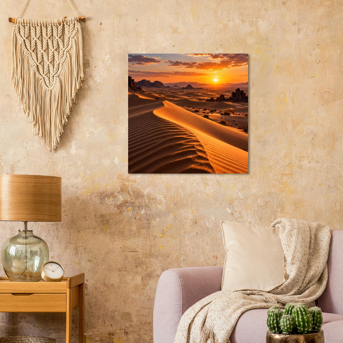 Sonnenuntergangs-Poster über Dünenlandschaft, orangefarbene Sonne über der Wüste