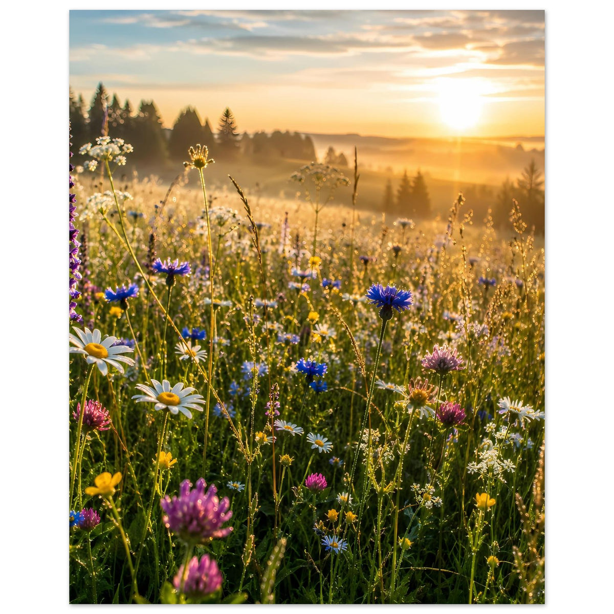 Poster mit Wildblumenwiese, zentrale Blüten im Vordergrund und Sonne über Landschaft