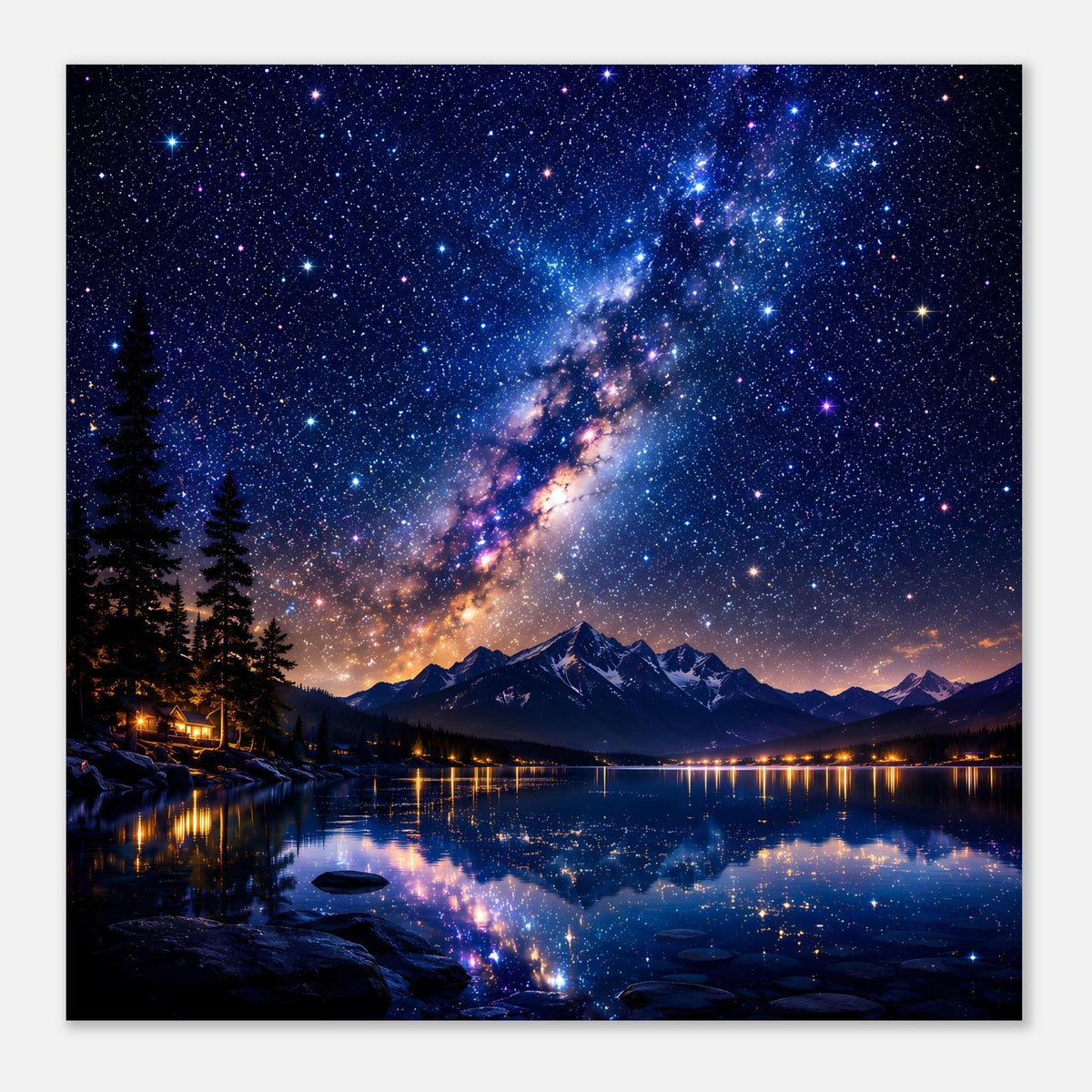 Kleines Poster mit Milchstraße über Bergsee, Sterne und Reflexion am Ufer
