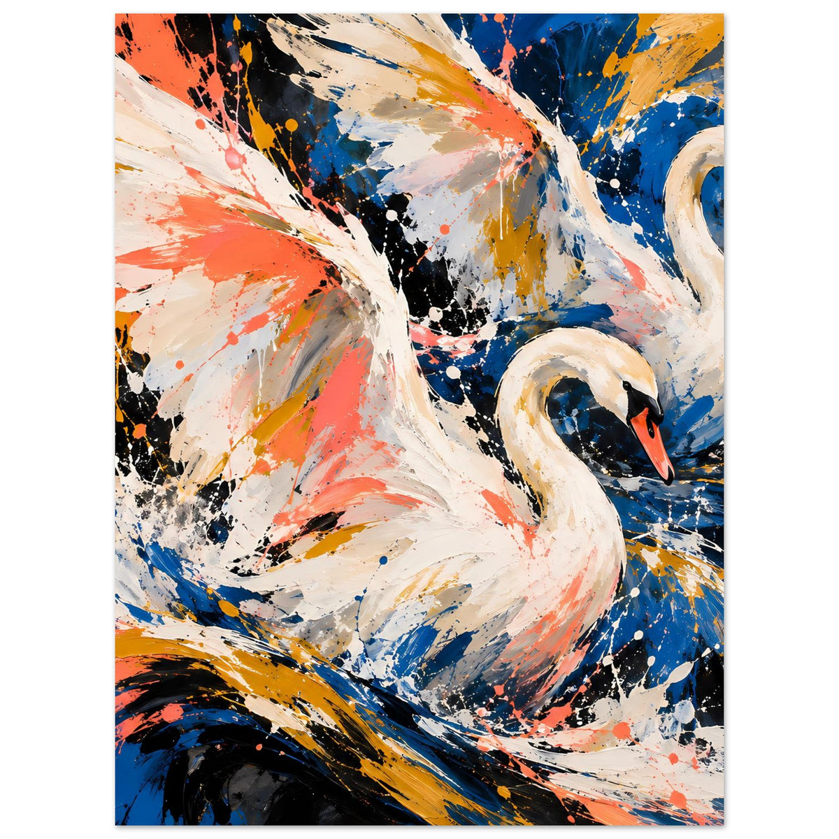 Kunstposter Hochformat: zwei Schwanenformen in Weiß, umgeben von Spritzern in Blau und Koralle