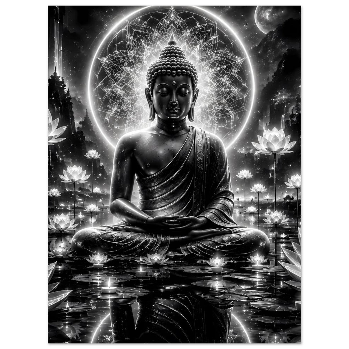 Buddha-Poster mit sitzendem Buddha in Schwarzweiß, leuchtender Aura und Lotusblumen