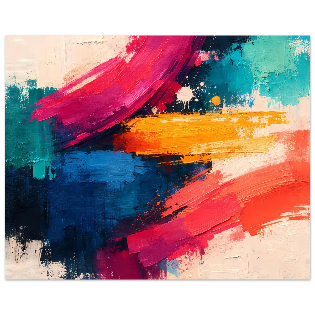 Abstrakter Poster-Druck im Querformat mit breiten Strichen in Pink, Blau, Türkis und Orange