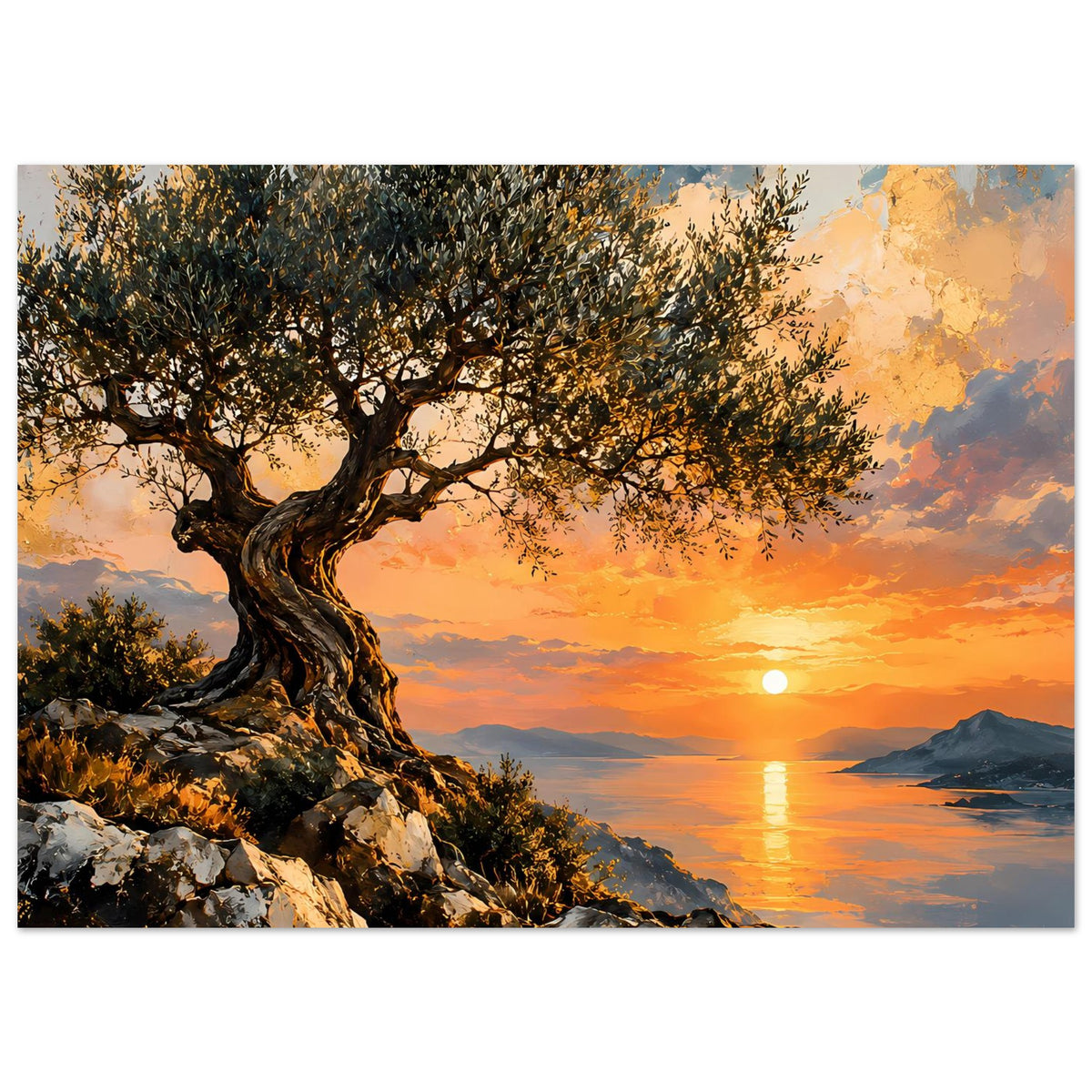 Horizontales Poster: Olivenbaum über Felsen, goldener Sonnenuntergang mit Reflexion im Wasser