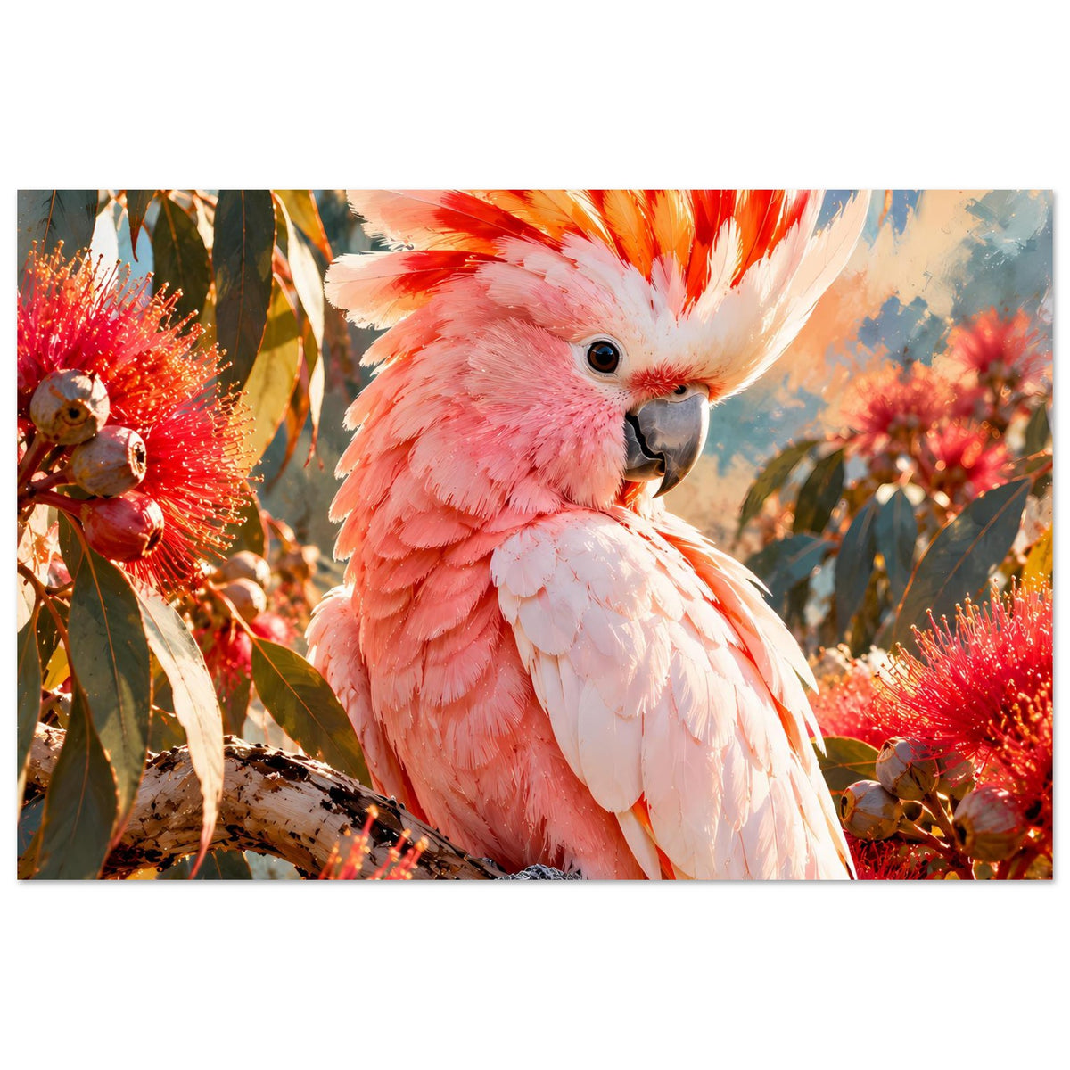 Poster mit großem rosa-weißem Kakadu im Nahporträt, mit roten Blüten im Hintergrund