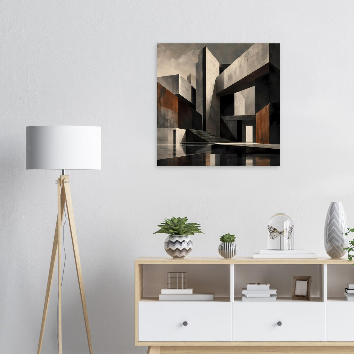 Architekturposter mit abstrakten, geometrischen Formen in Schwarz, Grau und Beige