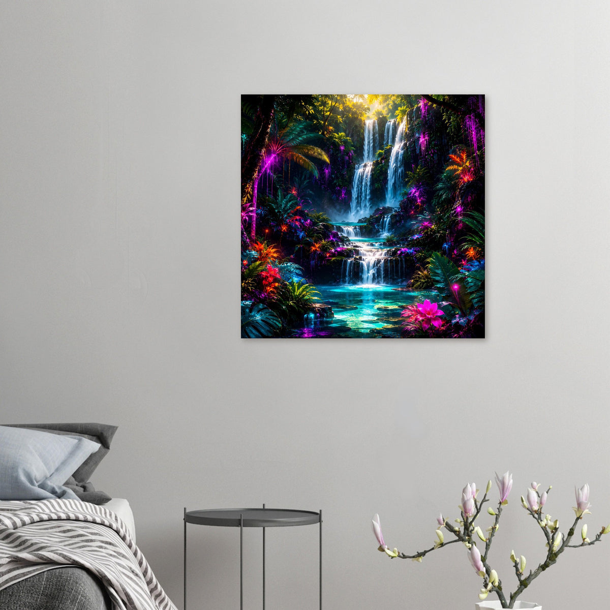 Kleines Poster mit leuchtendem Tropenwasserfall, Regenwald, mehrfarbige Neonlichter, schwarzer Rahmen