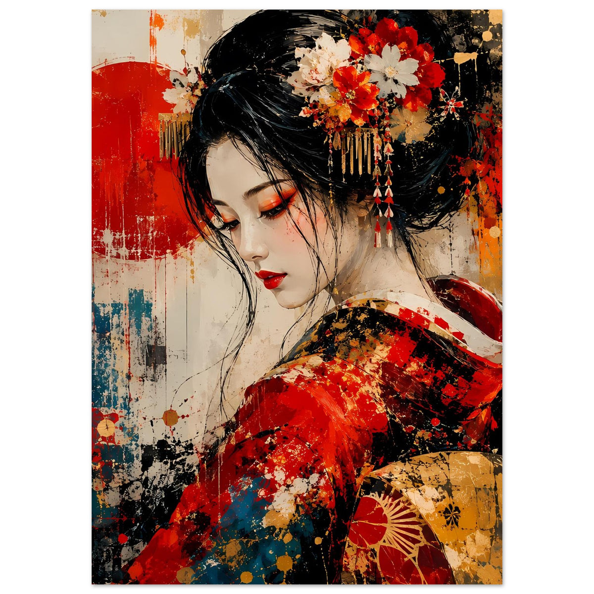 Poster mit japanischer Geisha im roten Kimono, schwarzes Haar mit Blumen und Anhängern.