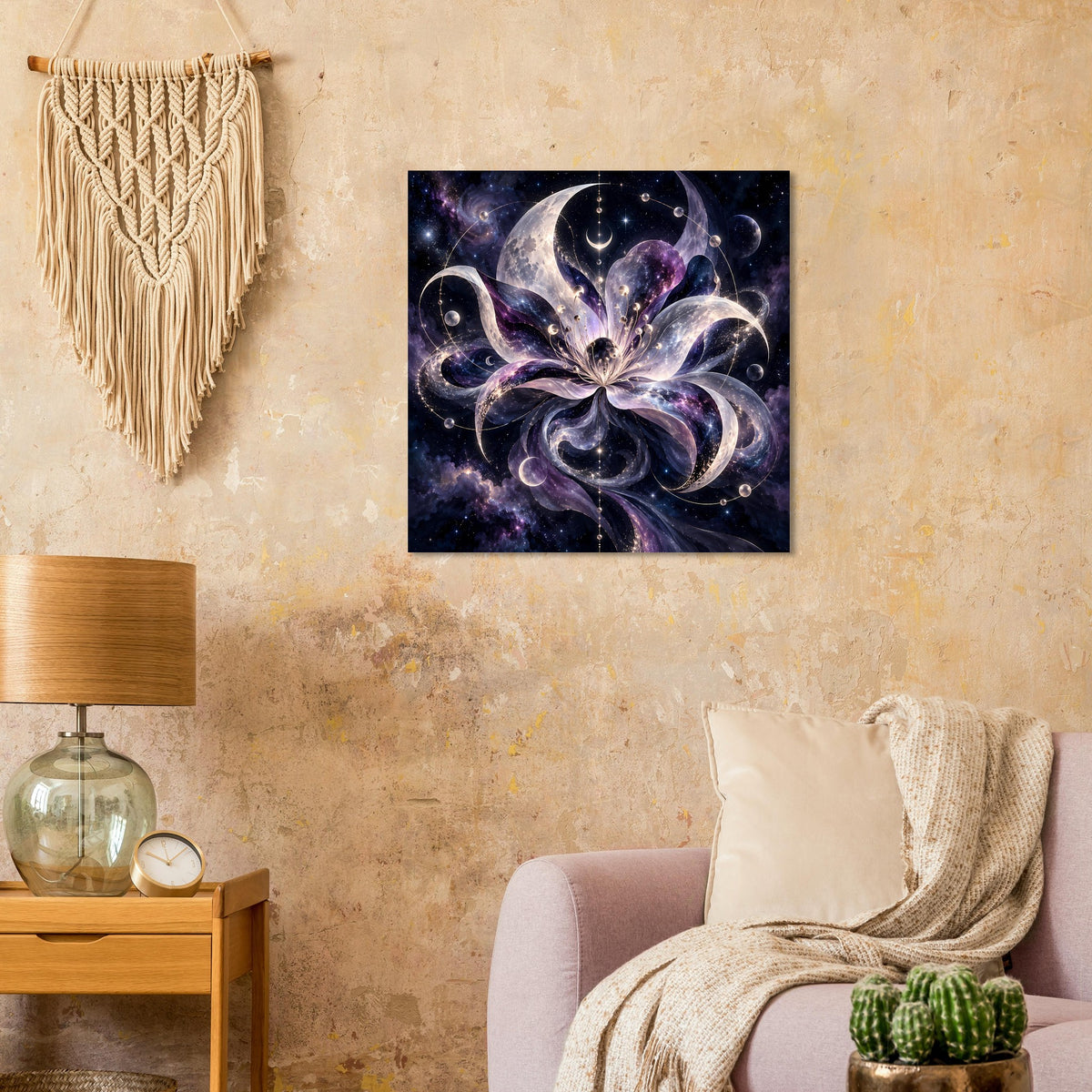 Quadratisches Poster mit kosmischer Blume in violett und blau, im schwarzen Rahmen