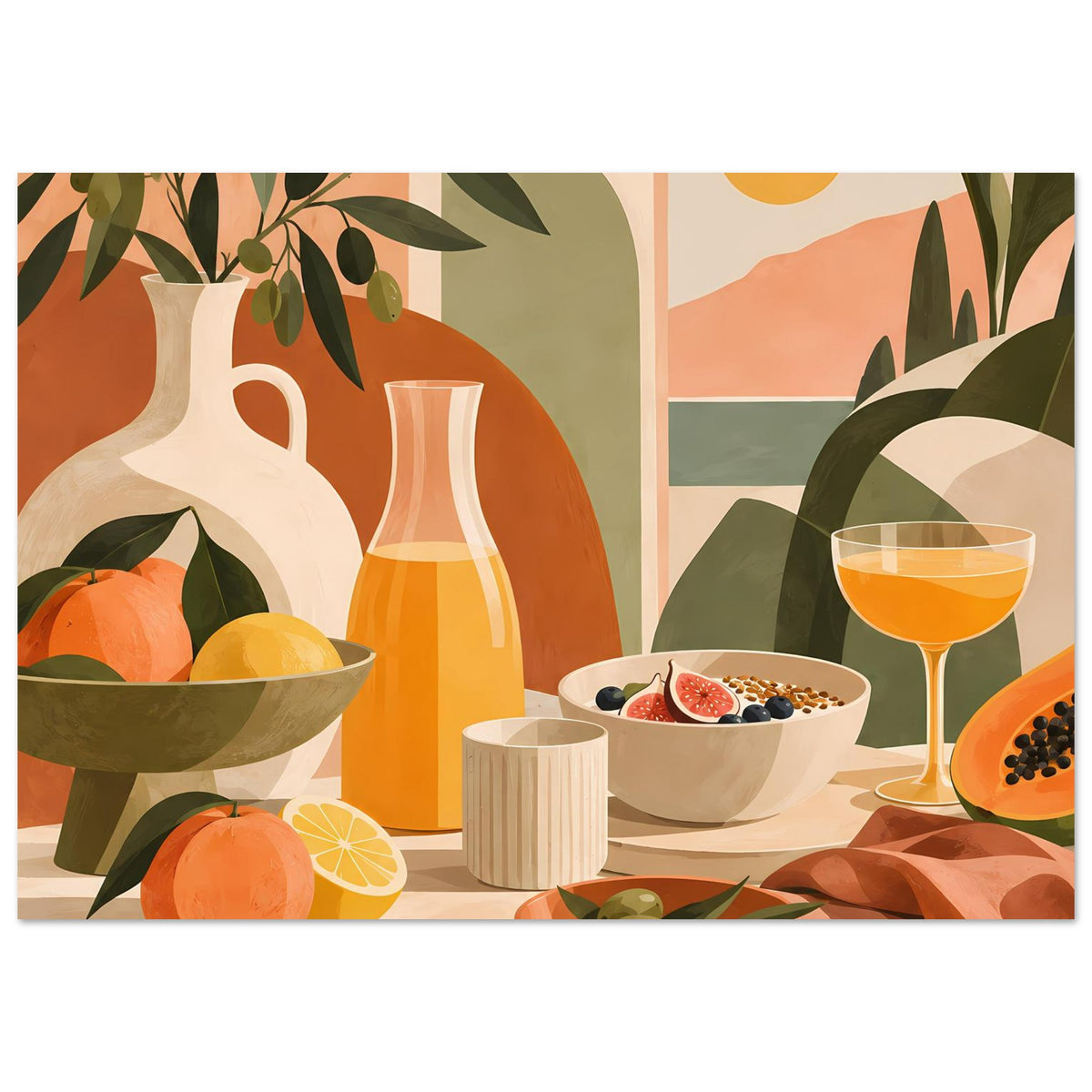 Still-Life-Poster mit orange Vase, Obstschale, Beeren in weißer Schüssel und Cocktailglas