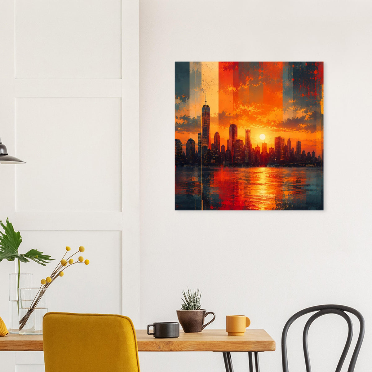 Quadratisches Poster mit leuchtender Stadtlandschaft bei Sonnenuntergang und spiegelnder Wasseroberfläche