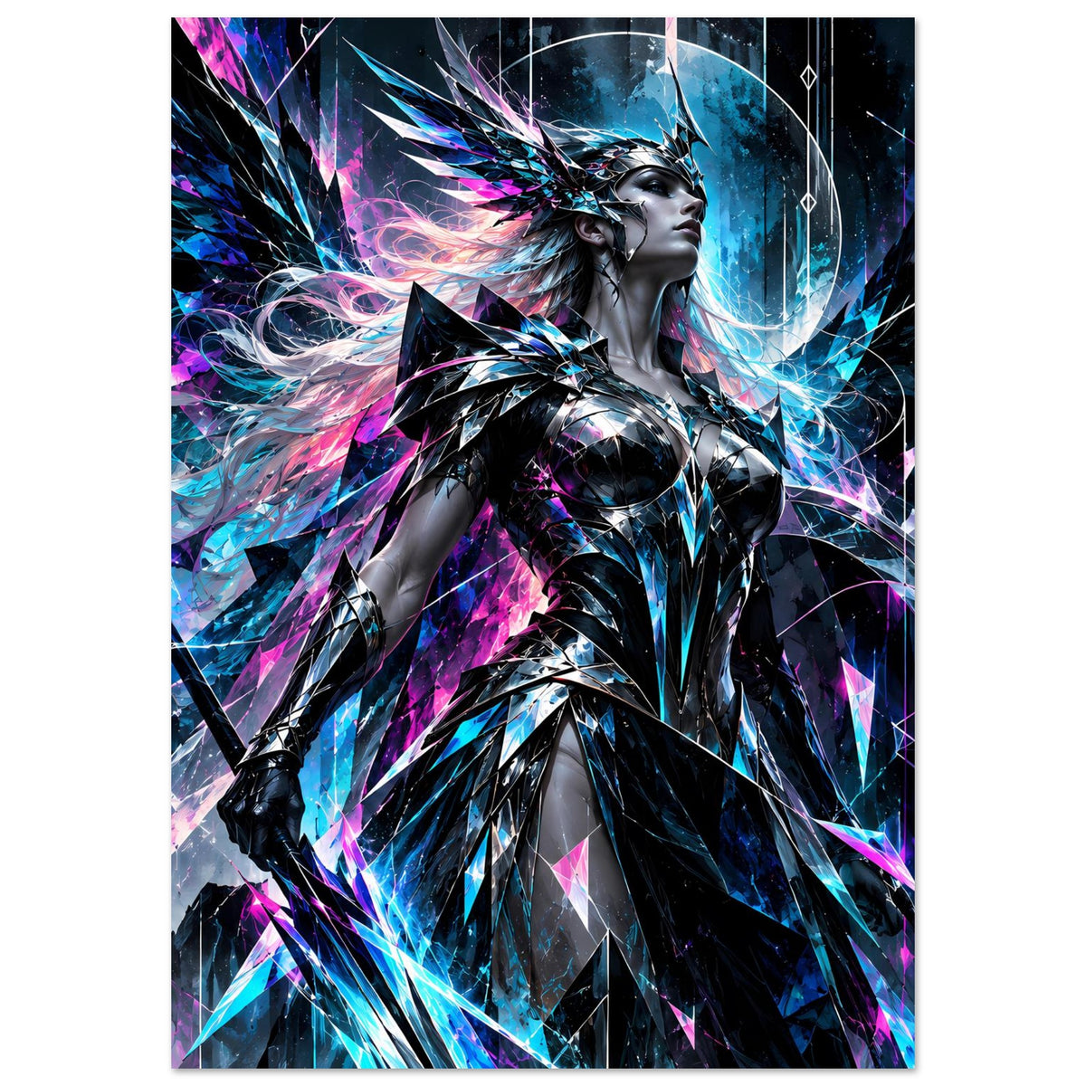 Poster im Hochformat: Valkyrie-Silhouette mit leuchtenden Blau- und Pink-Linien