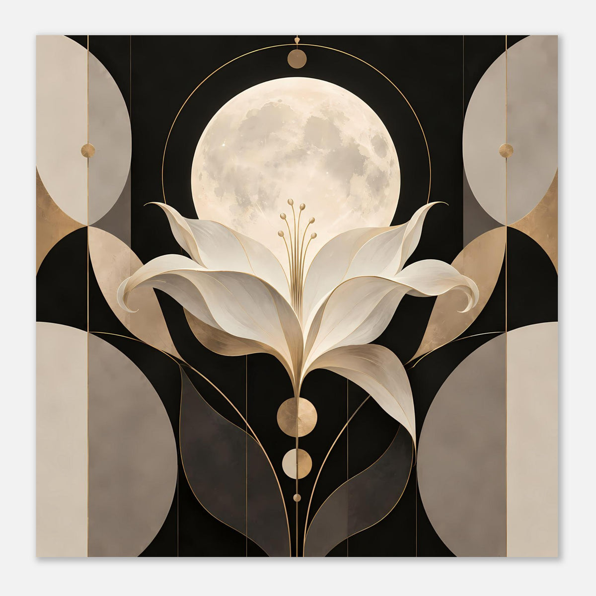 Art-déco-Poster mit Mond und cremefarbener Lilie in Gold