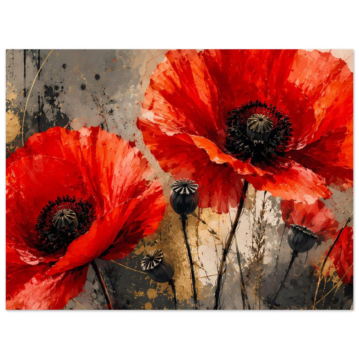 Kunstdruck mit roten Mohnblumen auf abstraktem Hintergrund, mehrere Blüten und Stängel