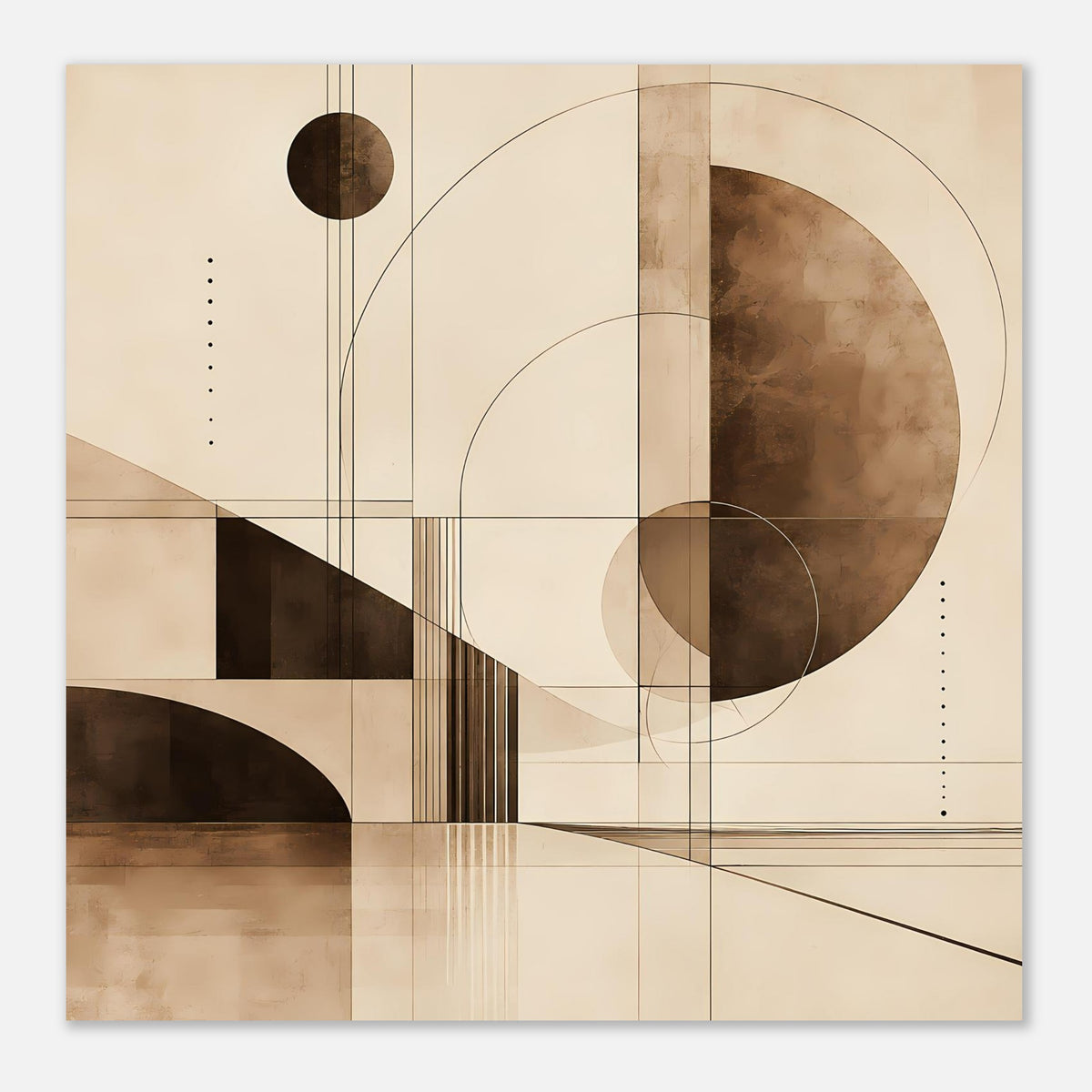 Gerahmter quadratischer geometrischer Sepia-Kunstdruck mit großem Kreis rechts