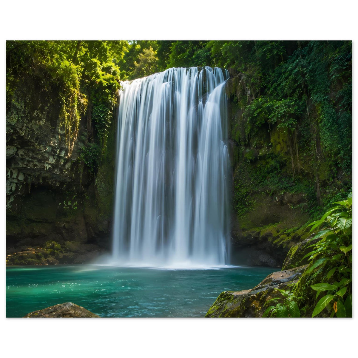 Panorama-Poster mit Wasserfall, türkisgrünem Becken und dichtem Grün, horizontal