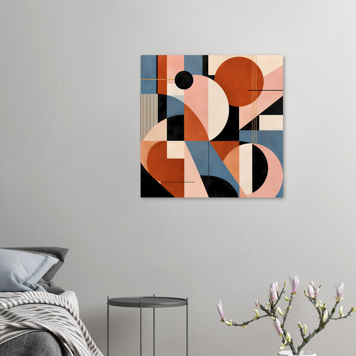 Abstraktes Geometrie-Poster mit geometrischen Kreisen und Rechtecken in Terrakotta, Blau und Blush