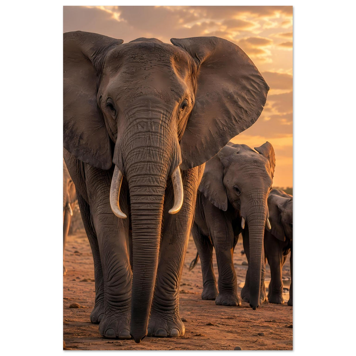 Vertikales Poster mit Elefantenherde: vorderer Elefant frontal, weitere Tiere im Hintergrund