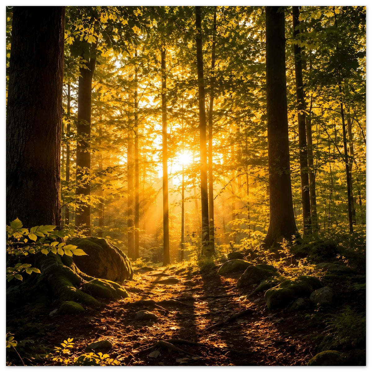 Waldposter mit Pfad durch den Herbstwald und warmen Sonnenstrahlen zwischen Bäumen