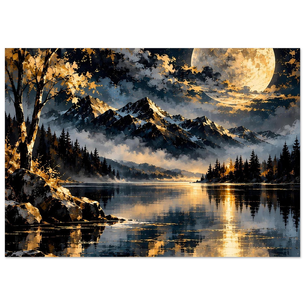 Landschaftsposter im Hochformat mit Vollmond über Bergsee und reflektierendem Ufer