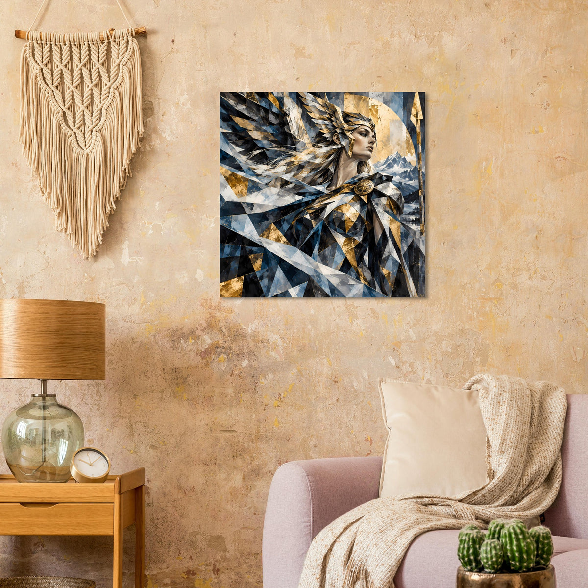 Geometrisches Poster an der Wand: Frauenprofil mit Federkranz, Blau, Gold und Schwarz