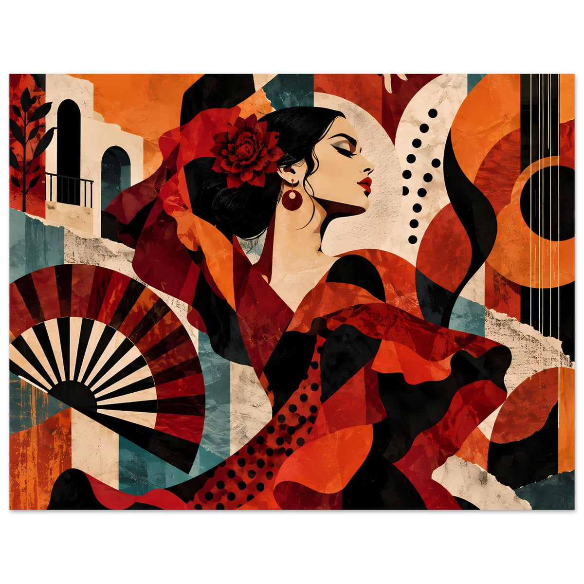 Tanzposter mit Flamenco-Tänzerin, erhobene Hand und Fächer, schwarze Wellen auf Rot/Schwarz.