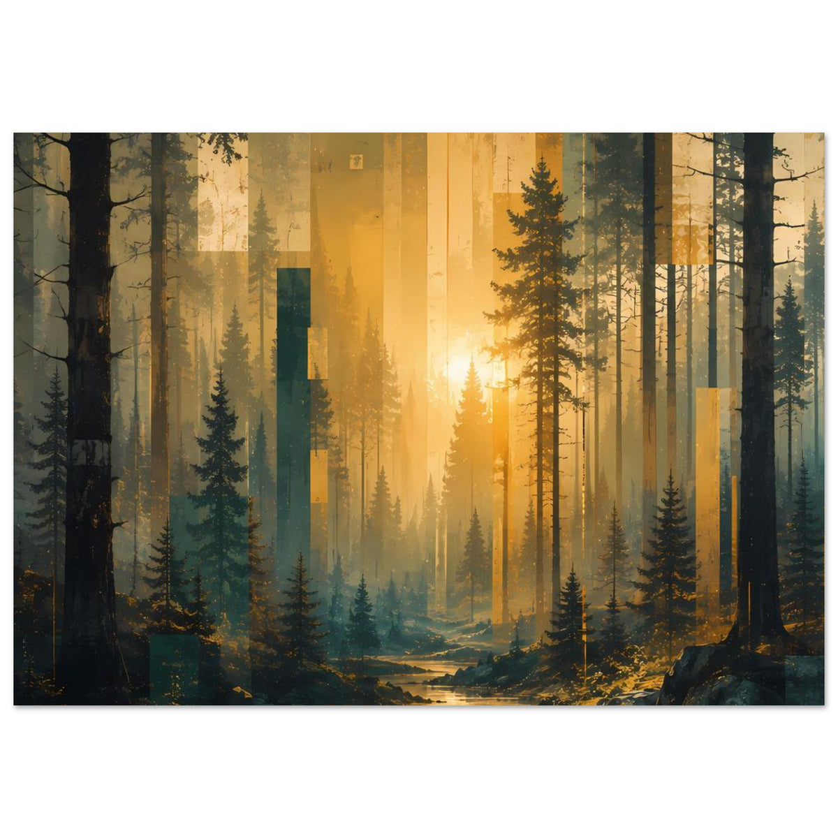Wandposter Waldlandschaft mit Sonnenaufgang, hohen Tannen im Nebel, warmes Licht
