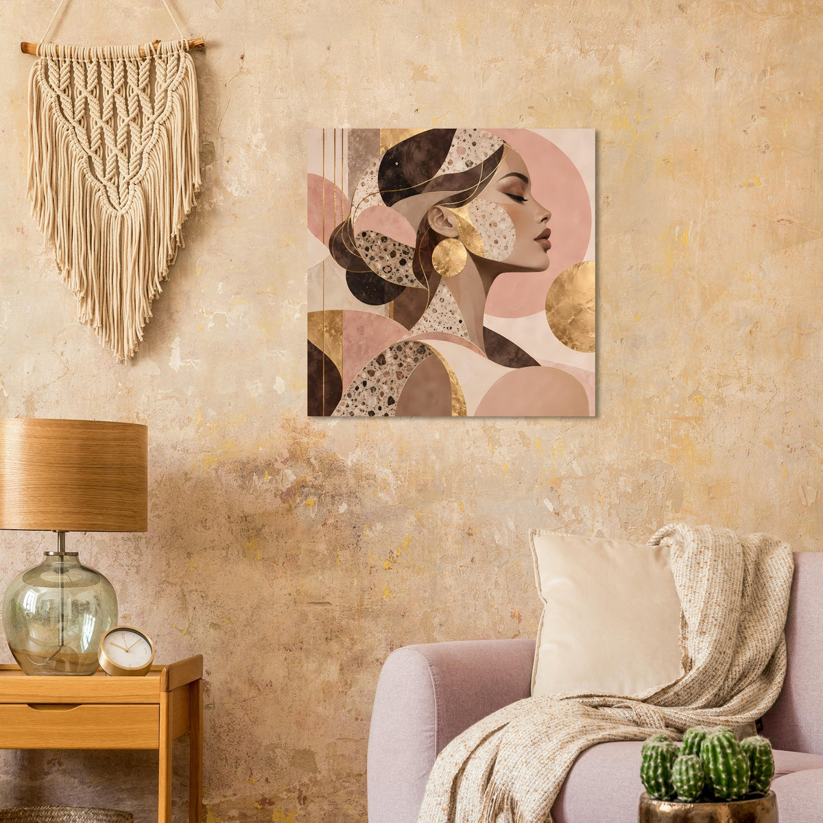 Gerahmtes Kunst-Poster mit abstraktem Gesicht und Collage-Formen in Beige, Braun und Gold