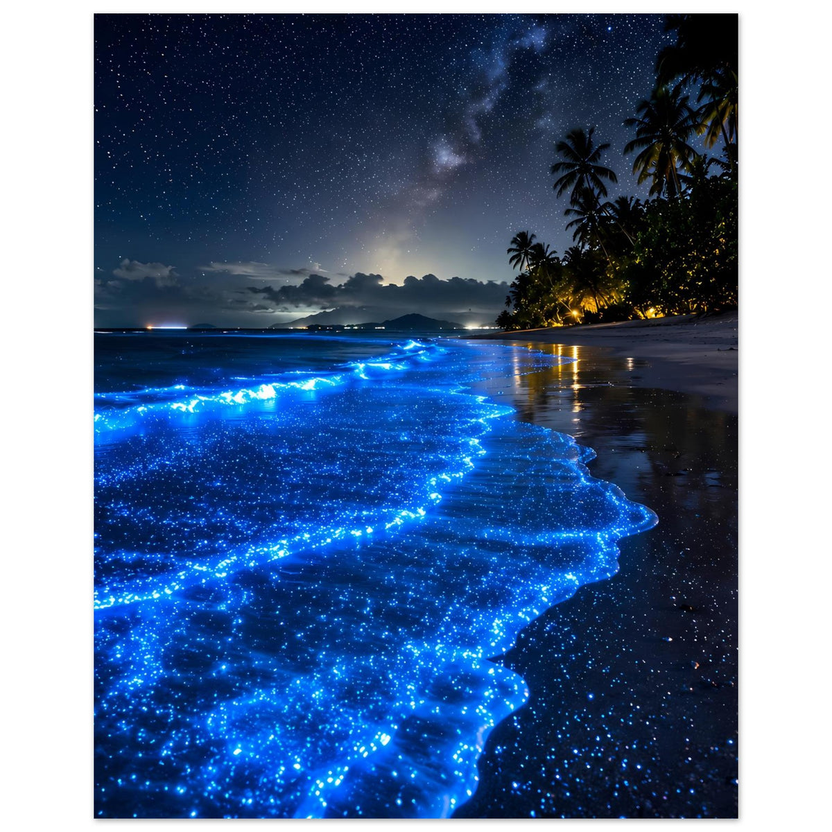 Poster: Blaue leuchtende Wellen auf nassem Sand, Spiegelung im Wasser, Palmen rechts