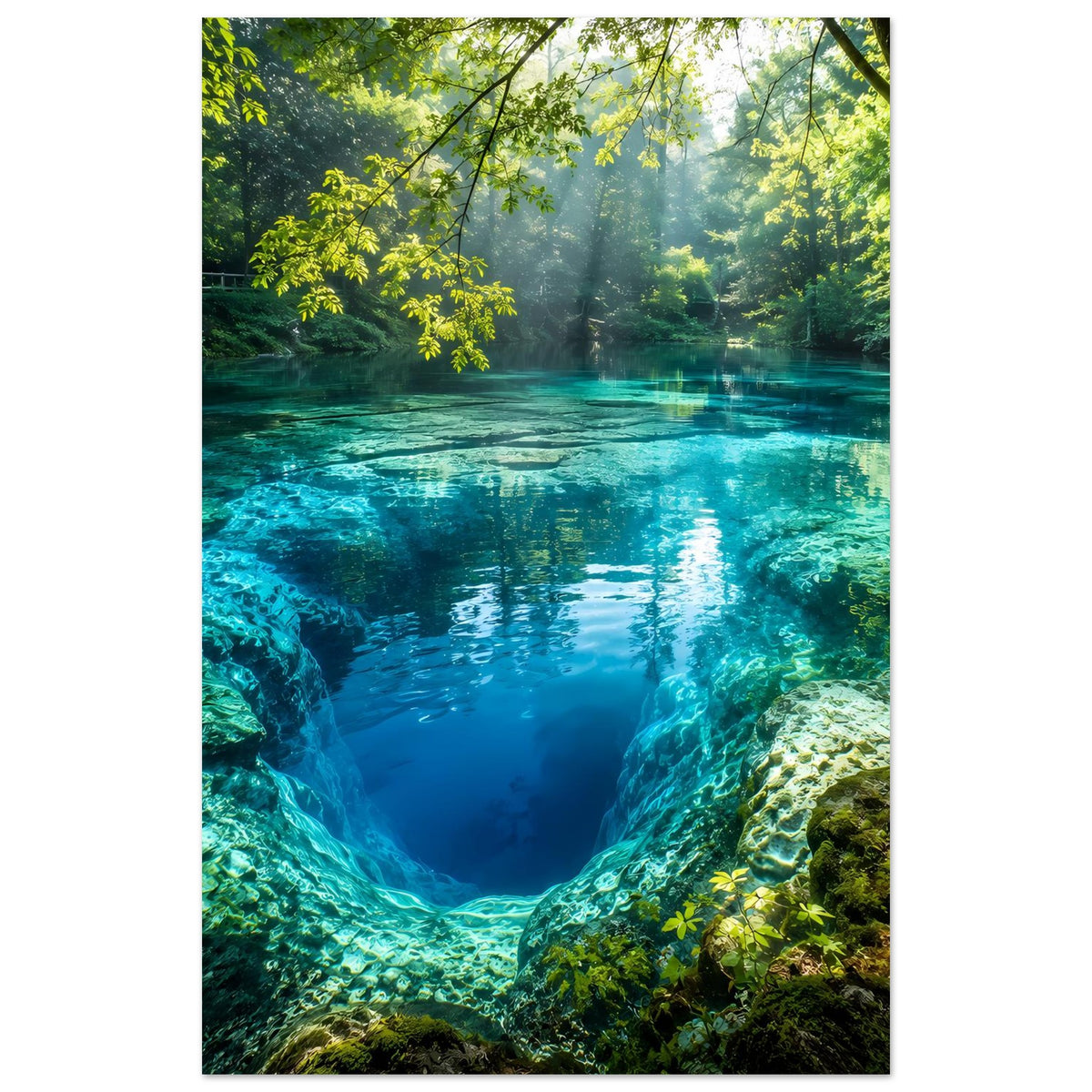 Hochformatiges Poster mit Blick auf türkisfarbenes Wasser zwischen Felsen, umgeben von grünem Wald
