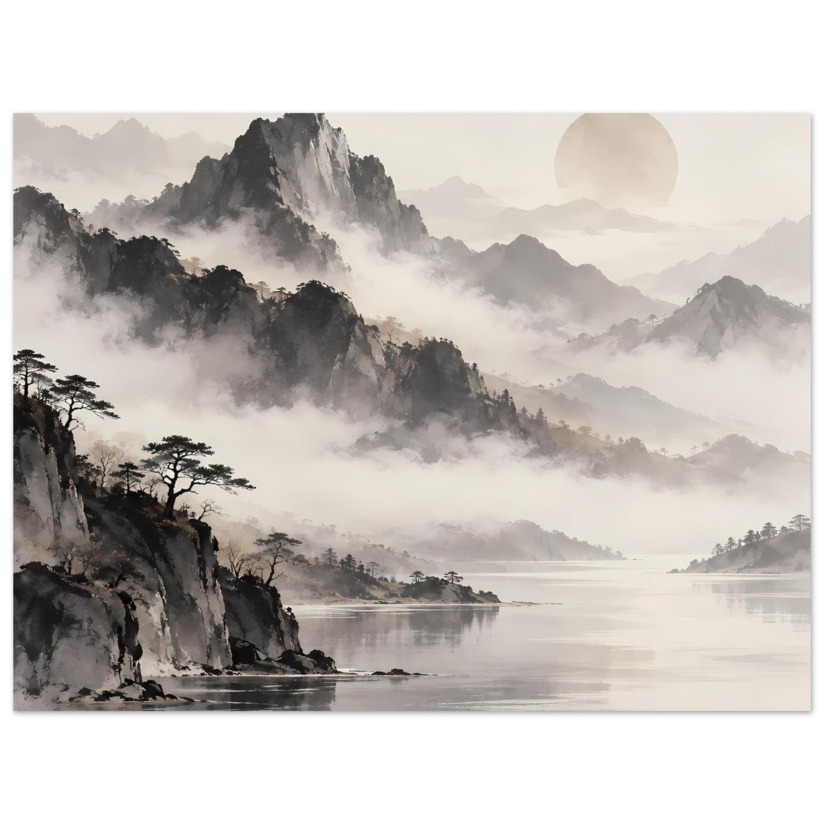 Horizontales Poster mit Bergkette im Nebel, Seeufer und Mondsymbol im oberen Bereich