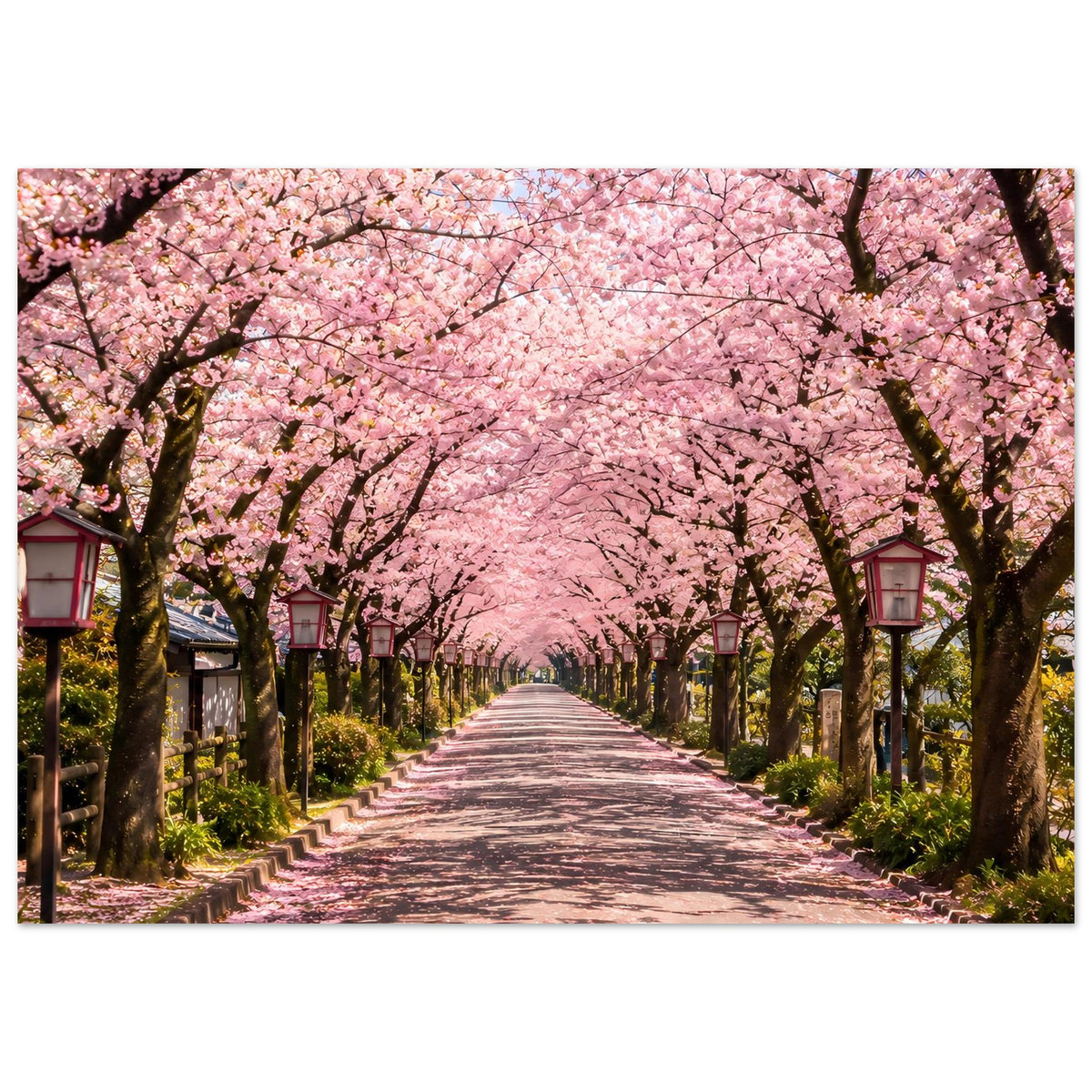 Poster mit Kirschblütenallee, beidseitige Bäume mit rosa Blüten und Mittelweg