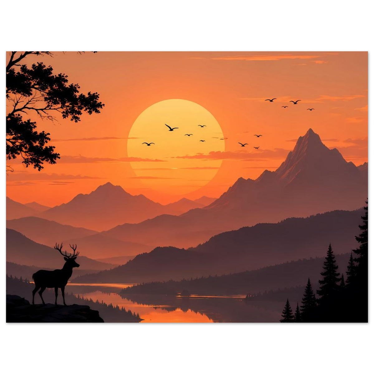 Poster mit orangefarbenem Sonnenuntergang, Bergen, See und Hirsch-Silhouette links unten