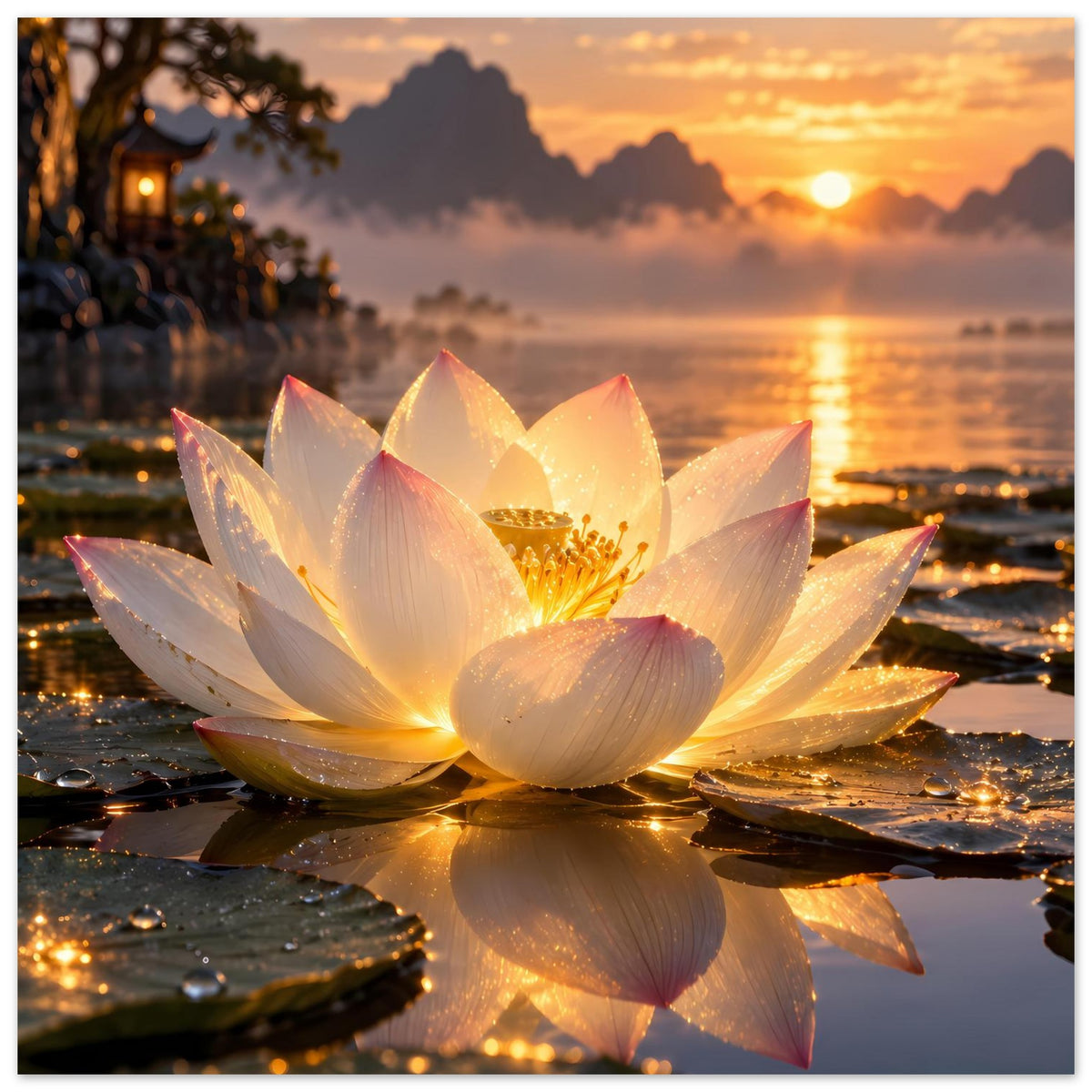 Hochformatiges Poster mit weißer Lotusblüte und goldener Staubfadenmitte, reflektierende Blütenblätter