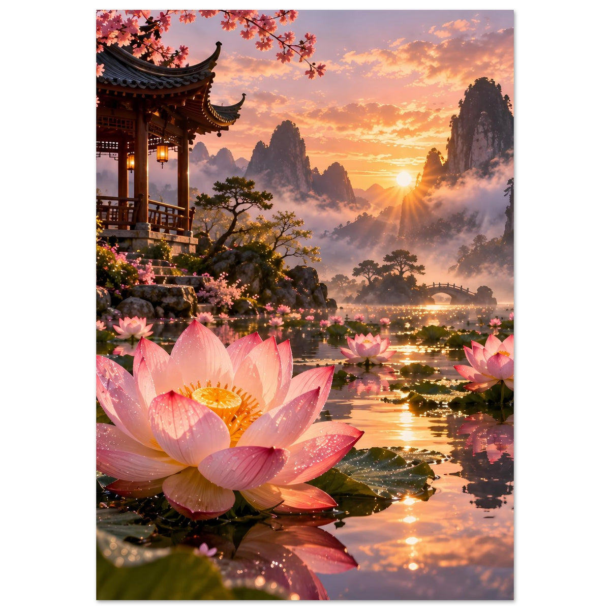 Hochkant-Poster mit rosa Lotusblüten, Pagode links und Talszene mit Sonnenuntergang