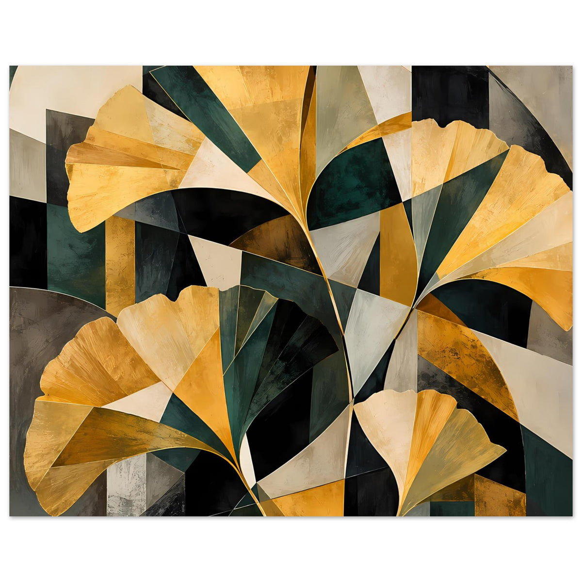 Abstraktes Blumenposter mit goldenen und tiefgrünen Blütenformen, geometrisch, Querformat