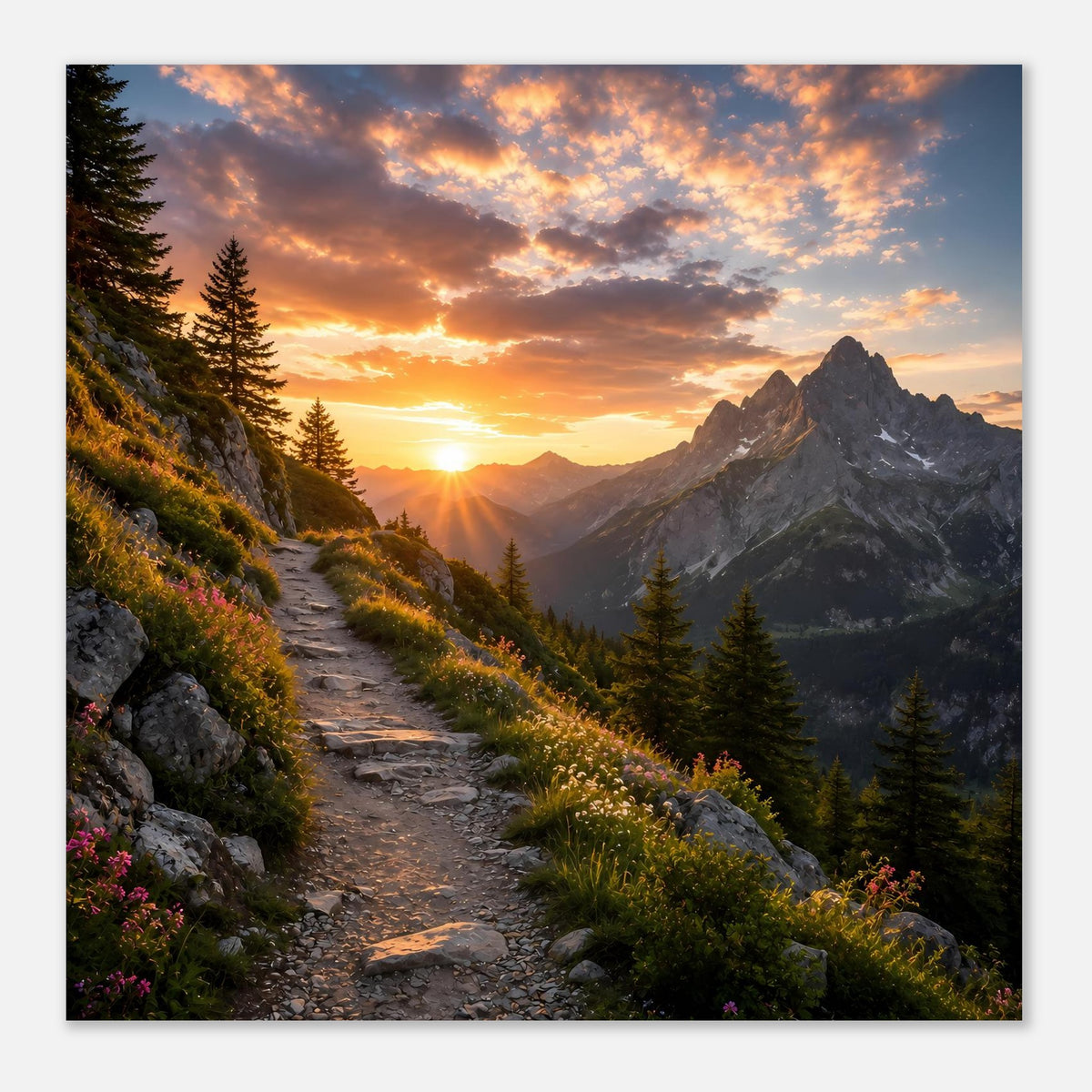 Großes Poster im Querformat mit Bergpfad im Sonnenuntergang, Fichten und Gipfel