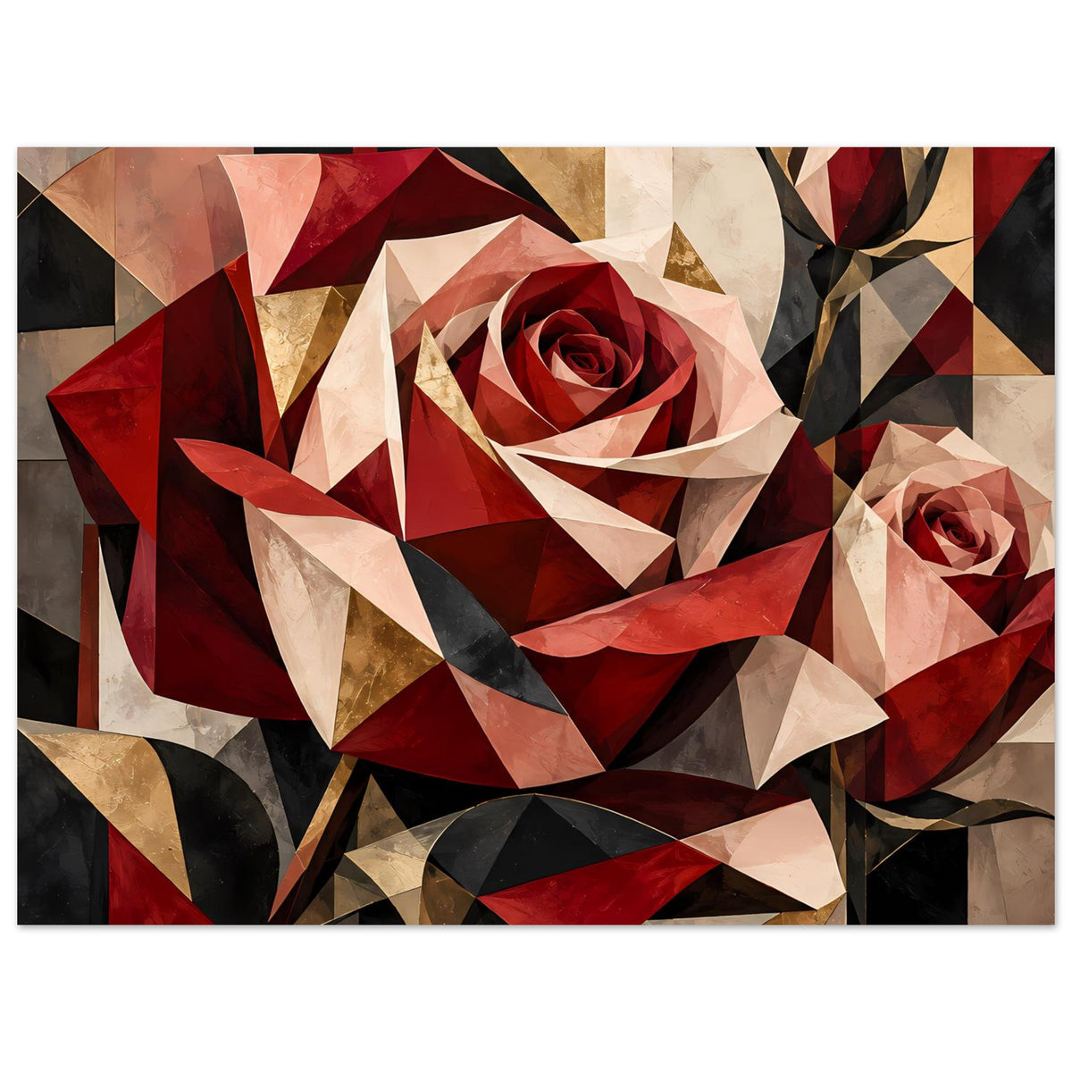 Wandposter mit geometrischer Rose, rotes Mittelstück und beige Segmente, goldene Flächen