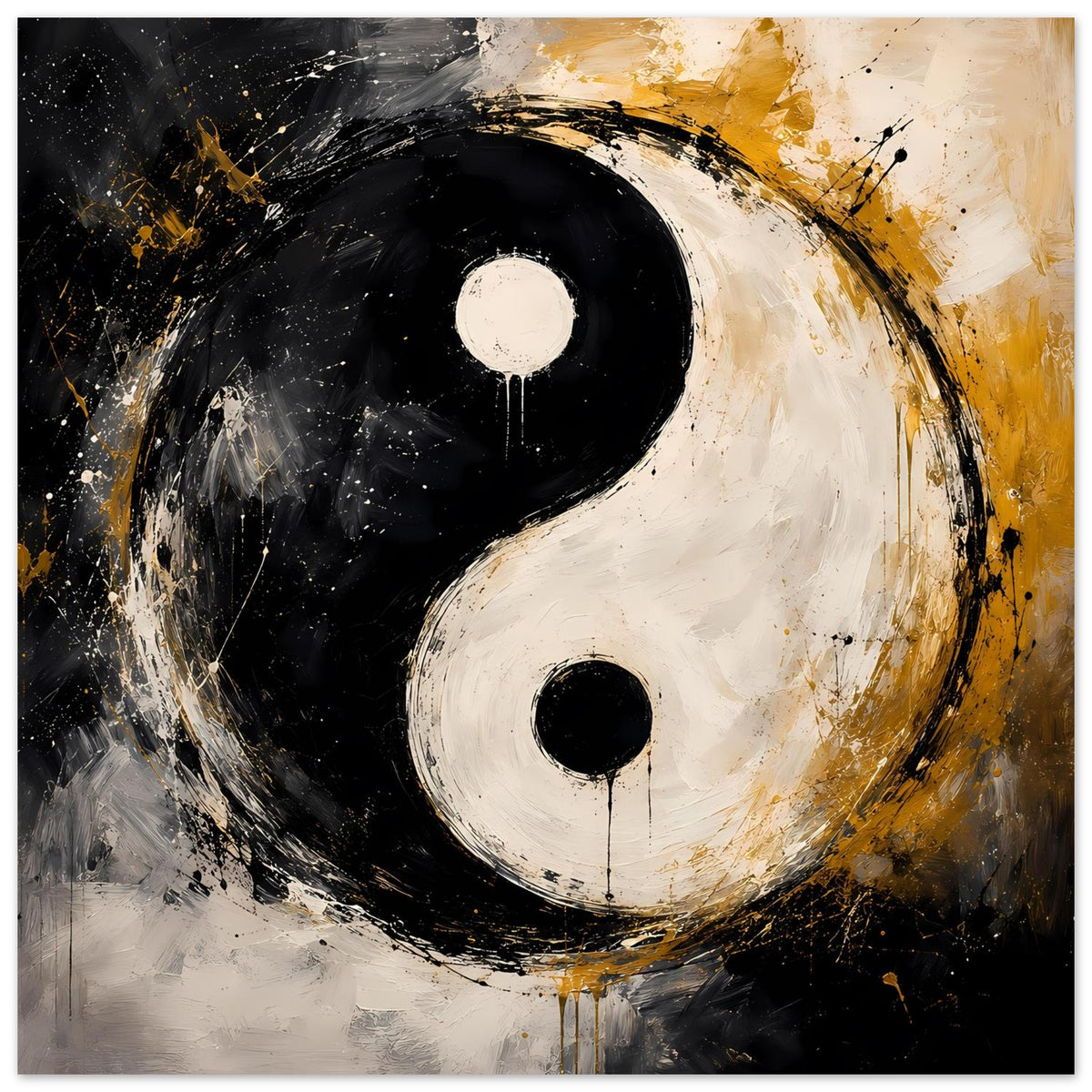 Abstraktes Yin-Yang-Poster im Querformat, Schwarz-Weiß Yin-Yang mit goldenen Sprenkeln