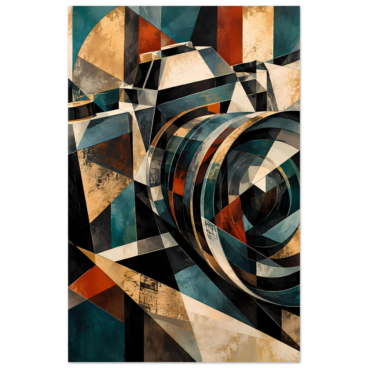 Geometrisches Kamera-Retroposter, rechteckig, mit Kreis-Optik und geometrischen Kanten in Petrol