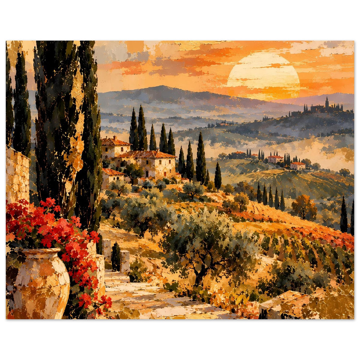 Horizontales Poster Toskana: orange Abendhimmel, Zypressen, Hügellandschaft, Dorf im Tal