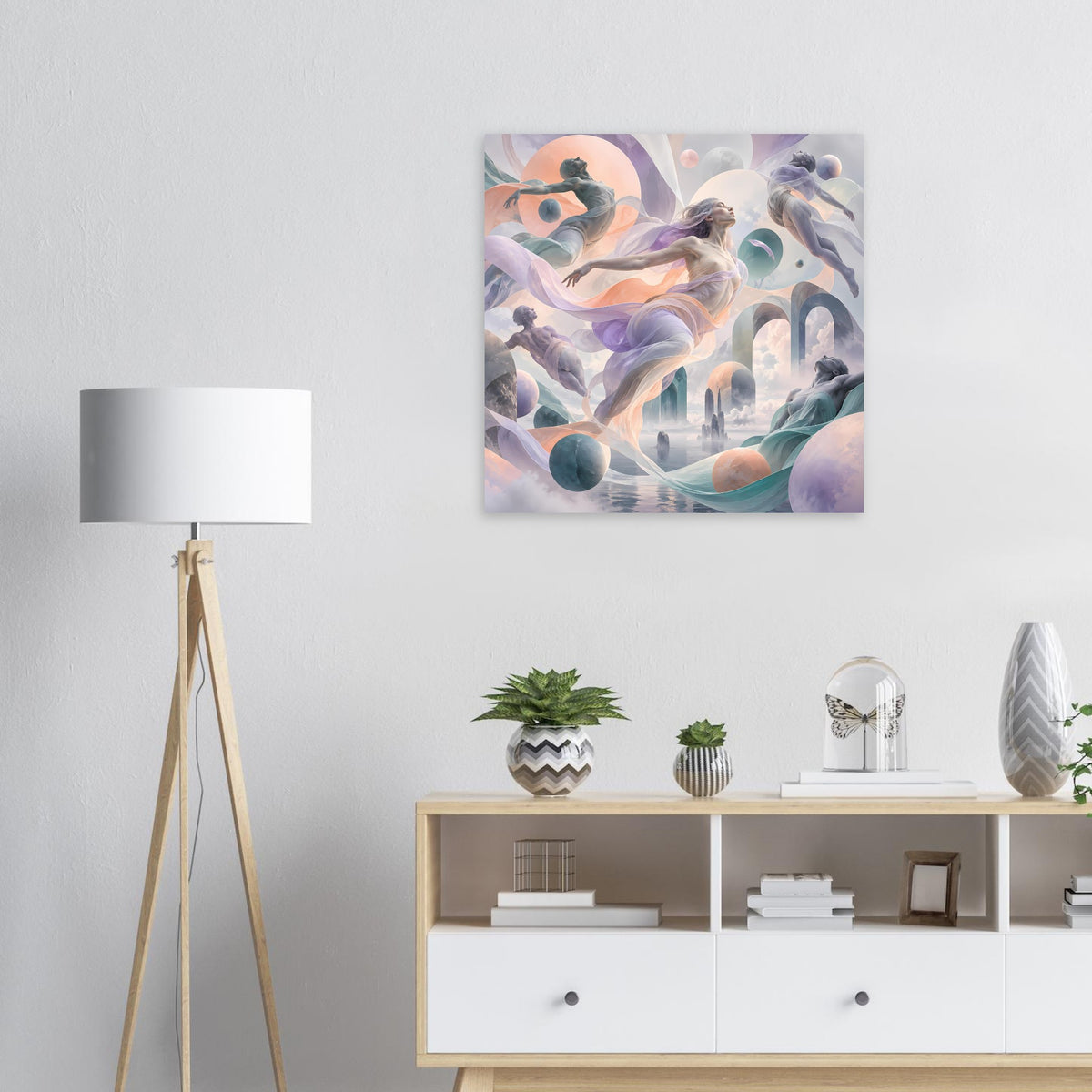 Quadratischer Kunstdruck mit ätherischem Tanzmotiv in Pastellrosa, Lila und Blau