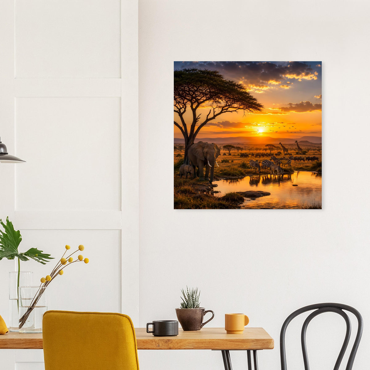 Savannen-Poster mit Elefanten am Wasserloch, Blick auf Fluss und Sonne