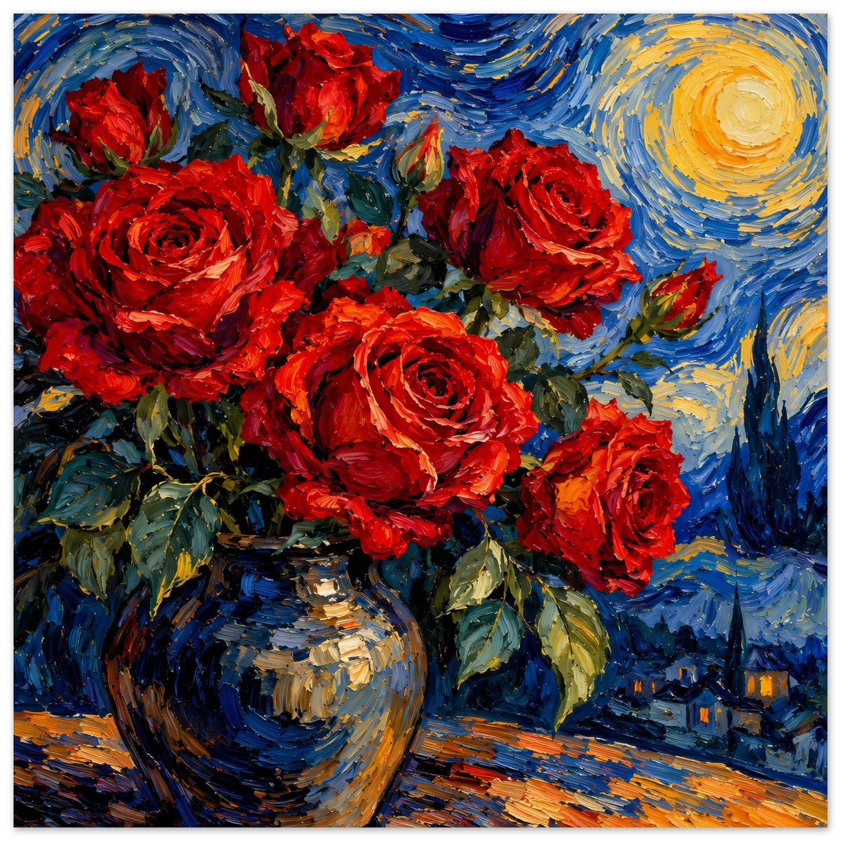 Poster mit roten Rosen in einer Vase vor blauem Nachthimmel mit gelbem Mond