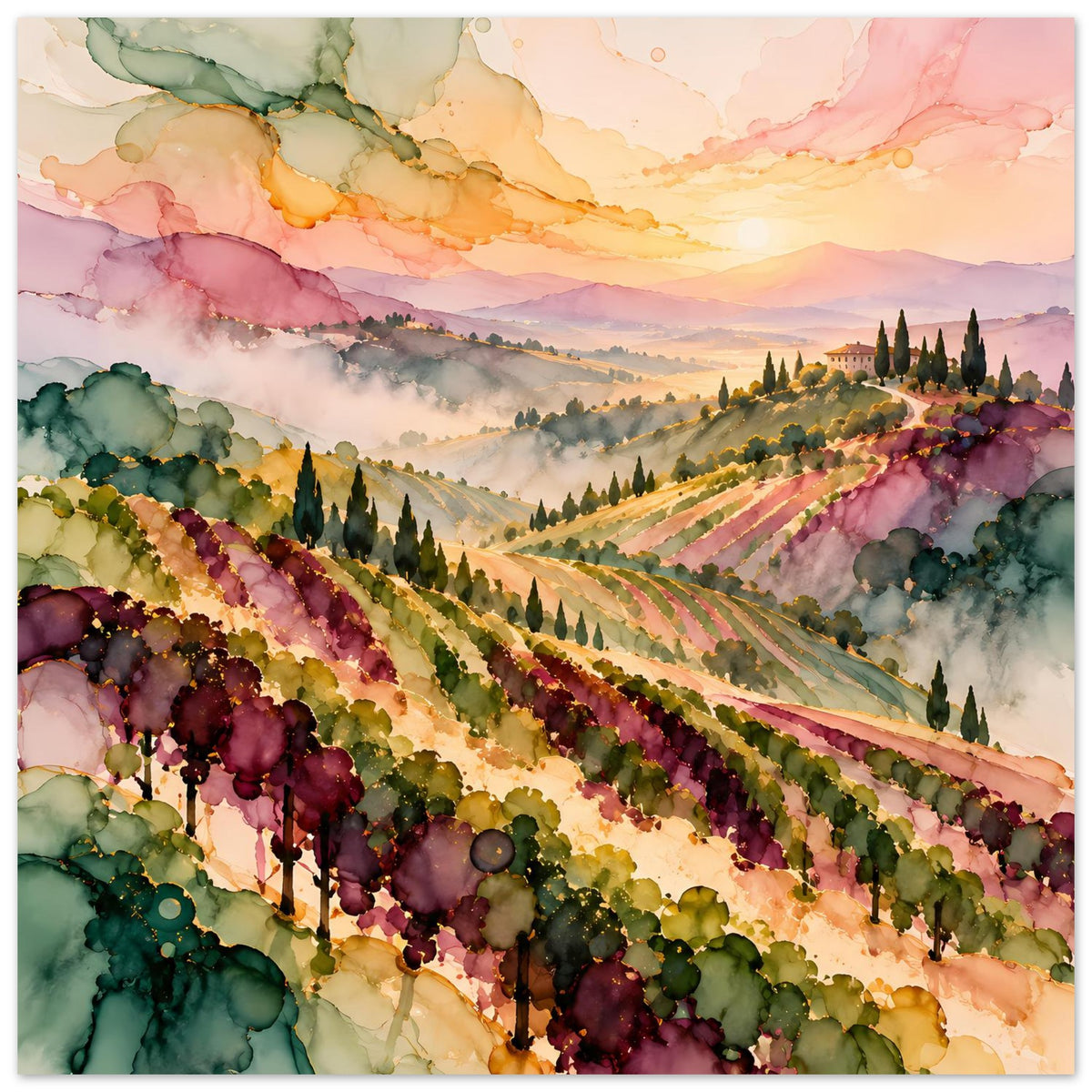 Landschaftsposter im Querformat mit Weinbergen und Sonnenuntergang, Aquarellstruktur und Nebel