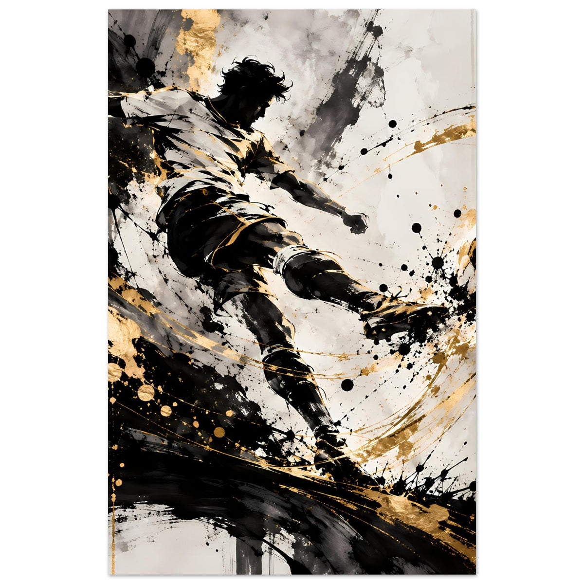 Hochformatiges Poster mit Fußballspieler in Schwarz-Gold, kräftiger Schuss, schwarze Spritzspuren