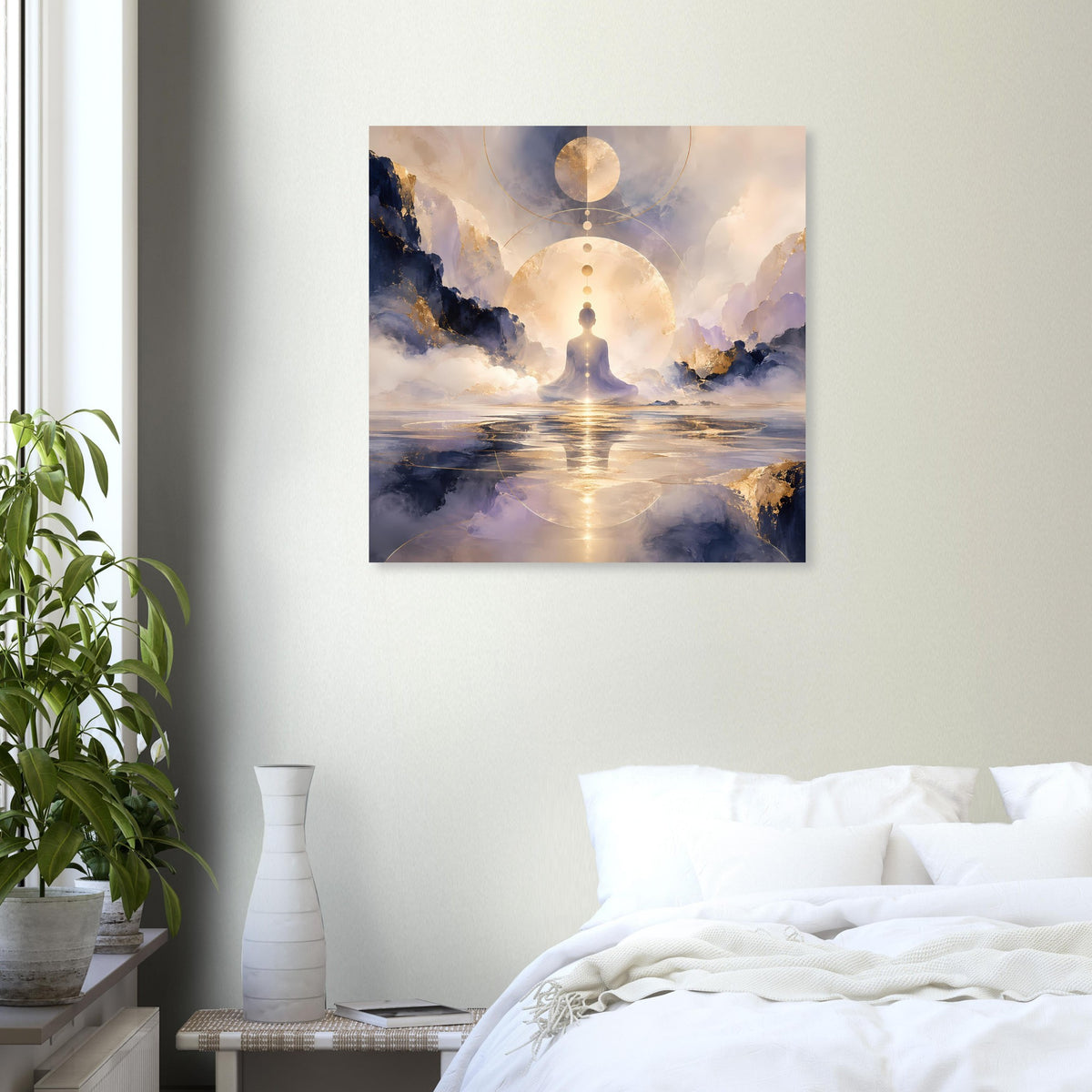 Quadratisches Wandposter mit Meditationsfigur, goldener Lichtspur, Wolken und Wasserreflexion