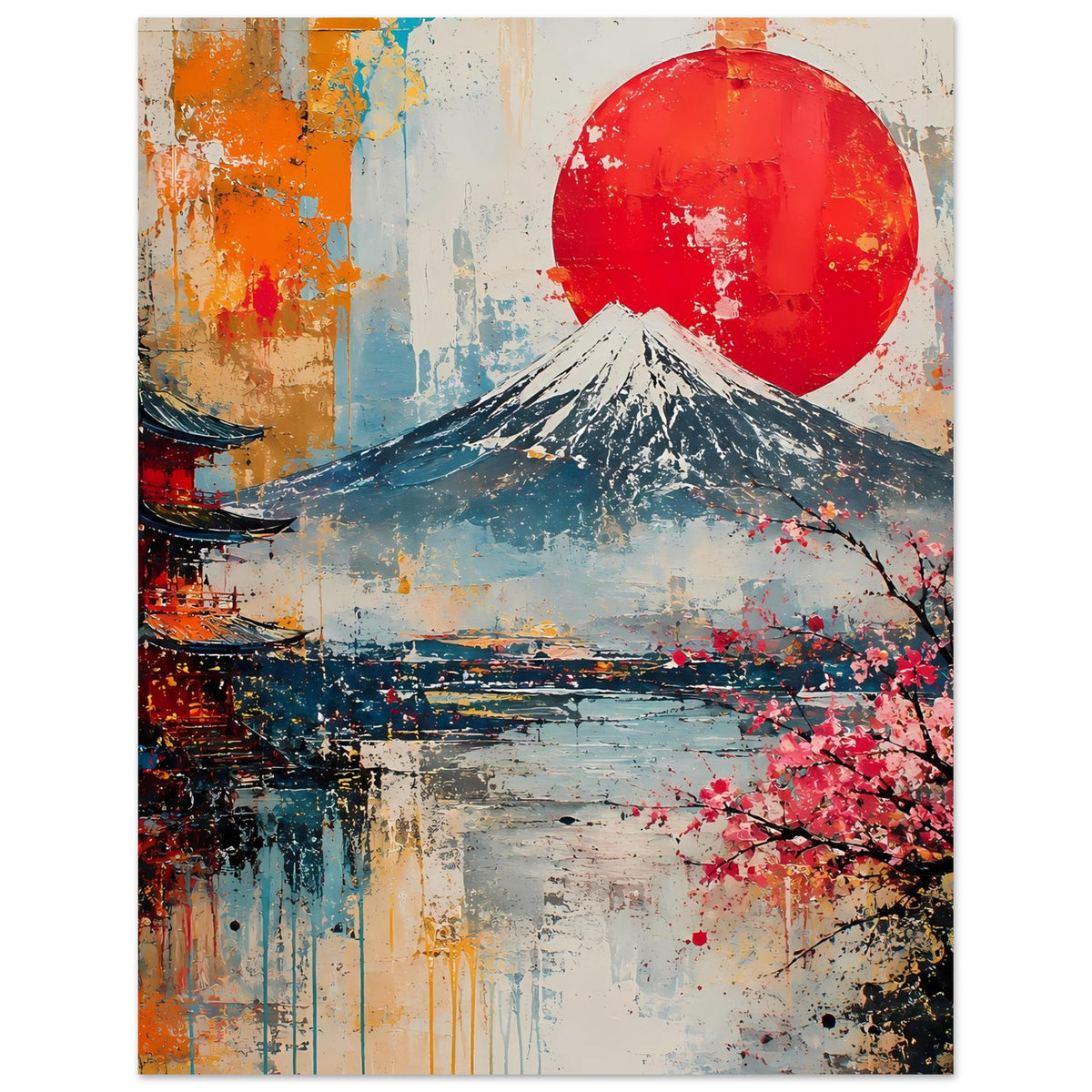 Poster mit Fuji und roter Sonne, Kirschblüten im Vordergrund, abstrakter Stil