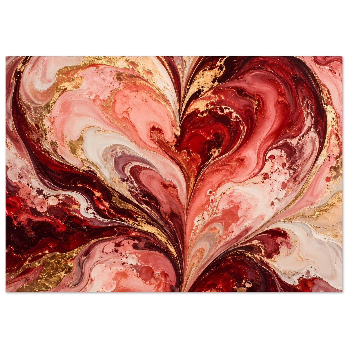 Abstraktes Herz-Liebesposter: herzförmige Wirbel aus Rot, Rosa, Creme und Gold.